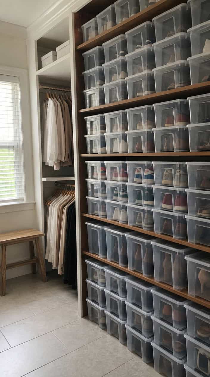 Closet shelves filled with clear plastic shoe boxes neatly storing shoes in an organized manner.
