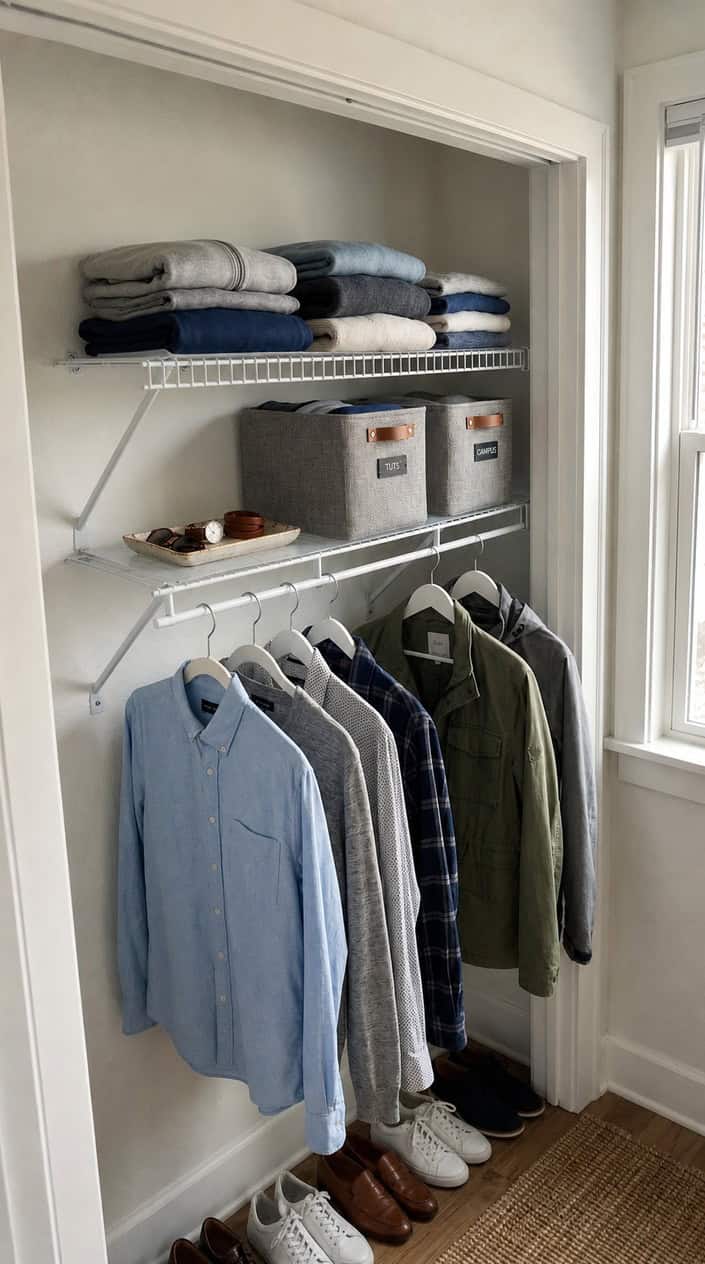 A closet shelf with folded clothes and storage bins above a hanging rod with shirts and jackets on hangers.