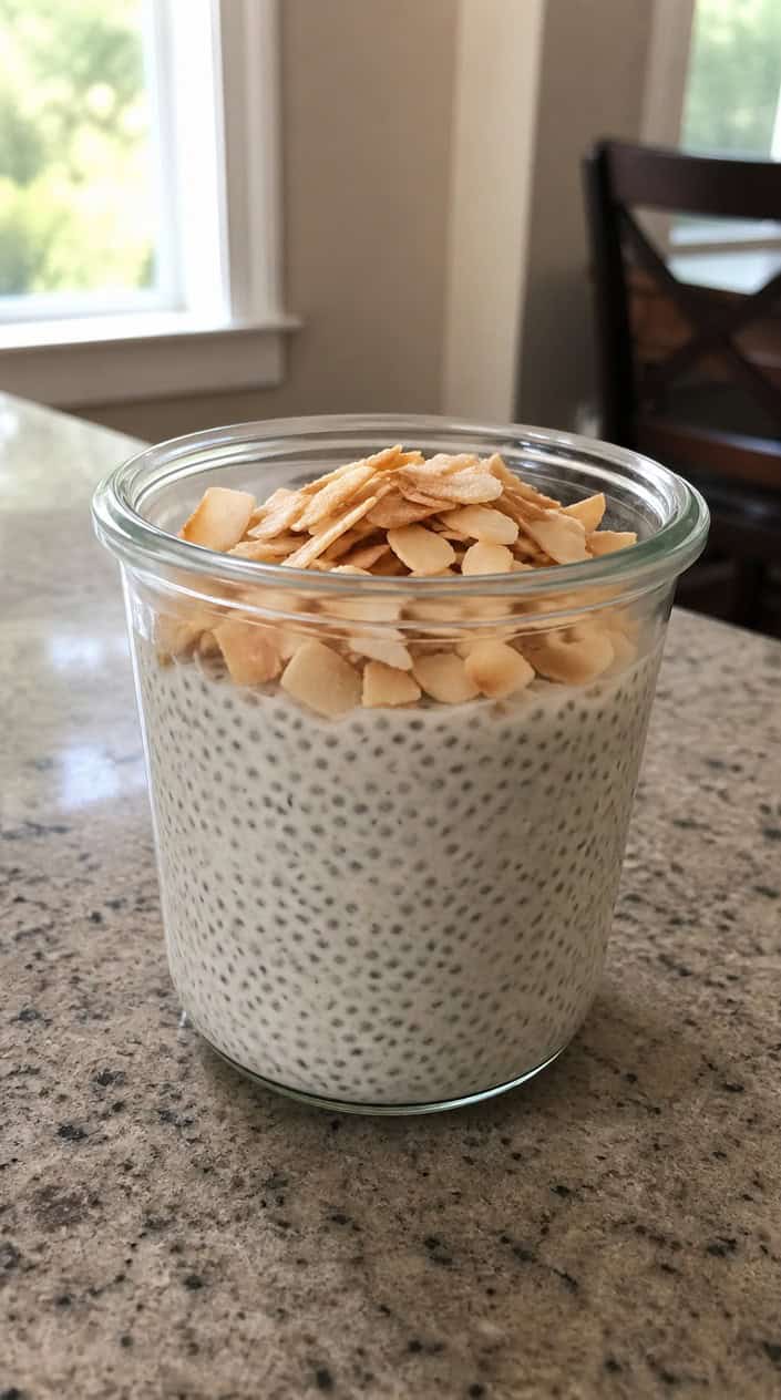 A glass jar of coconut chia pudding topped with toasted coconut flakes on a wooden table outdoors with greenery in the background.