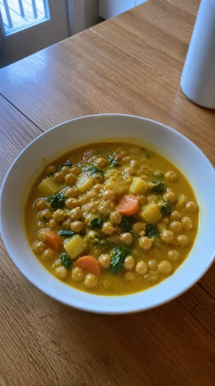 A bowl of coconut curry chickpea stew with vegetables and cilantro on a wooden table.