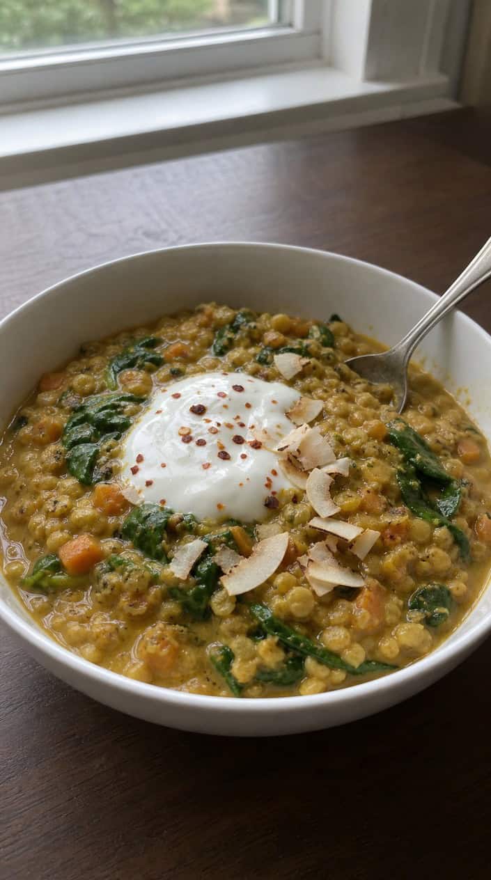 A bowl of coconut curry lentils with spinach on a wooden table, with a spoon and spices nearby.