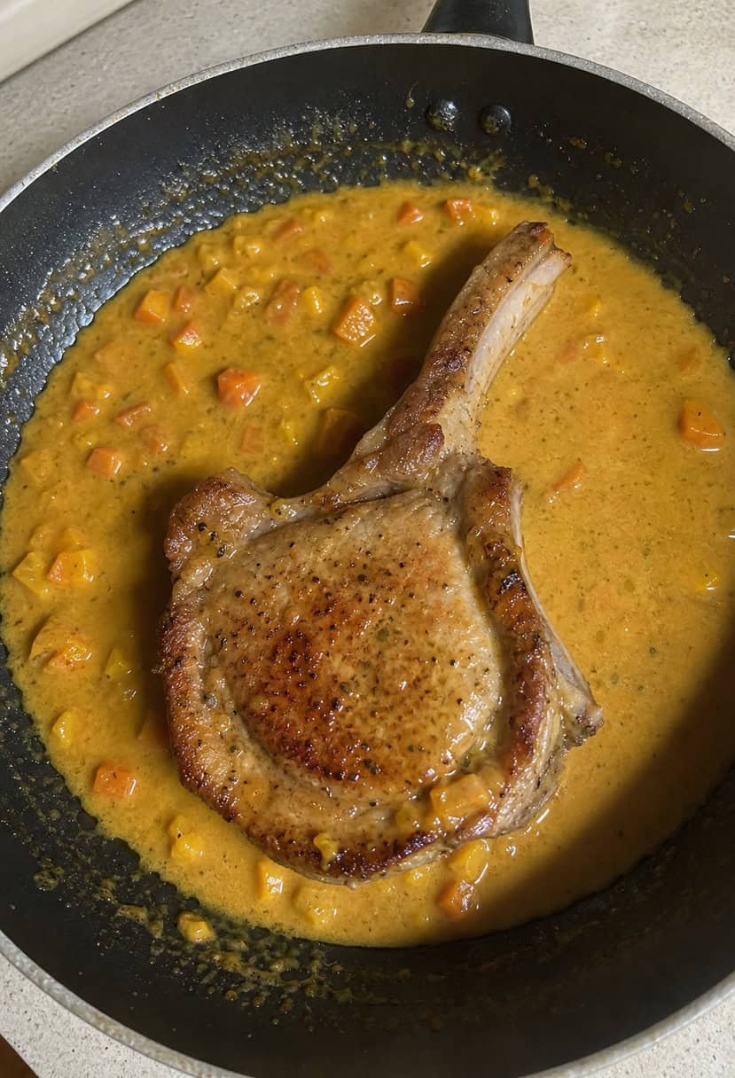 A sizzling pork chop in a coconut curry sauce, surrounded by aromatic spices and herbs