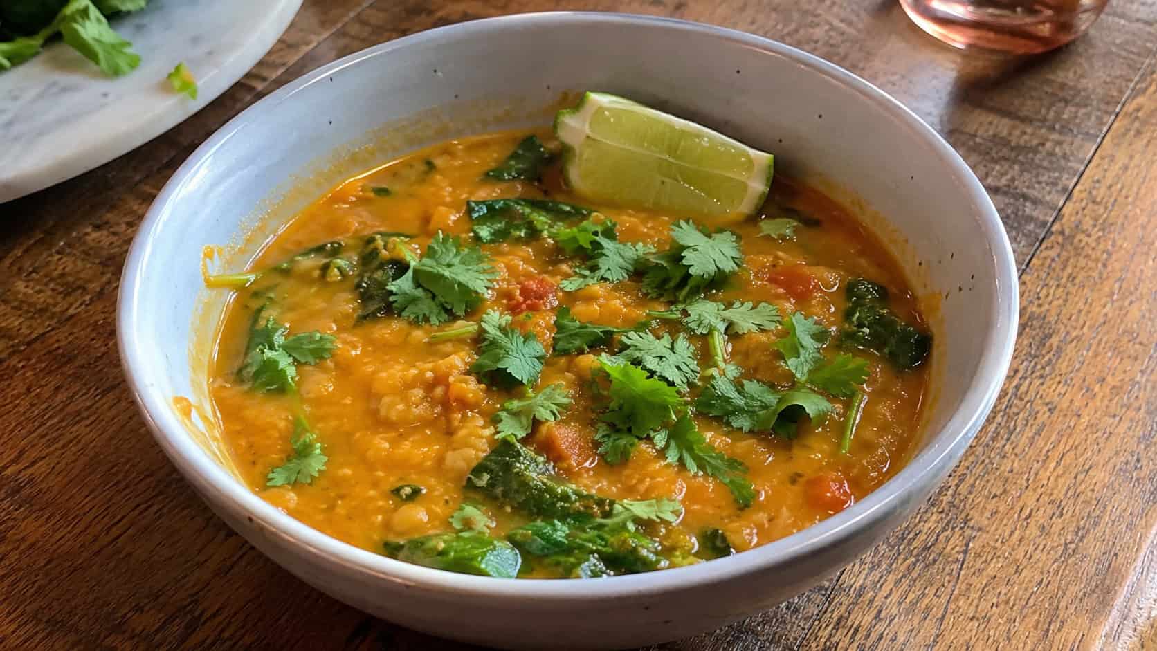 a finished bowl of golden-orange coconut curry red lentil soup, wilted spinach stirred through, a lime wedge on the rim, cilantro scattered on top, on a wooden table in warm natural light, casual home cooking