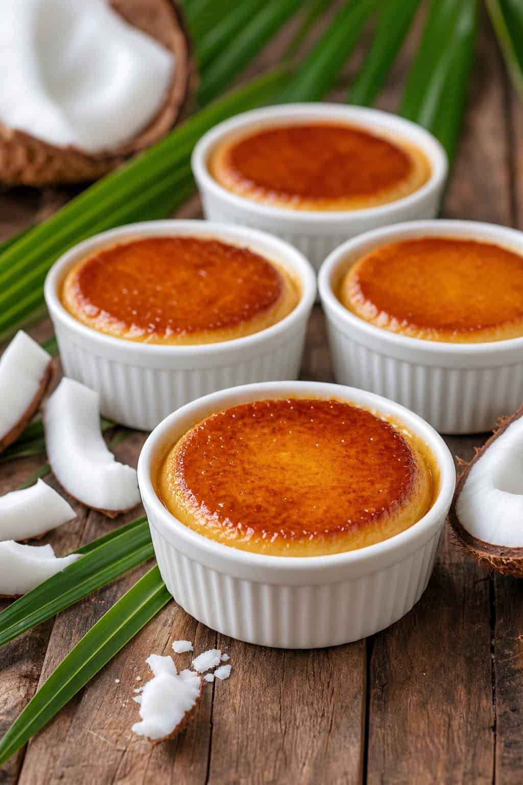 Several small coconut flanlets in white ramekins arranged on a wooden surface with fresh coconut pieces nearby.