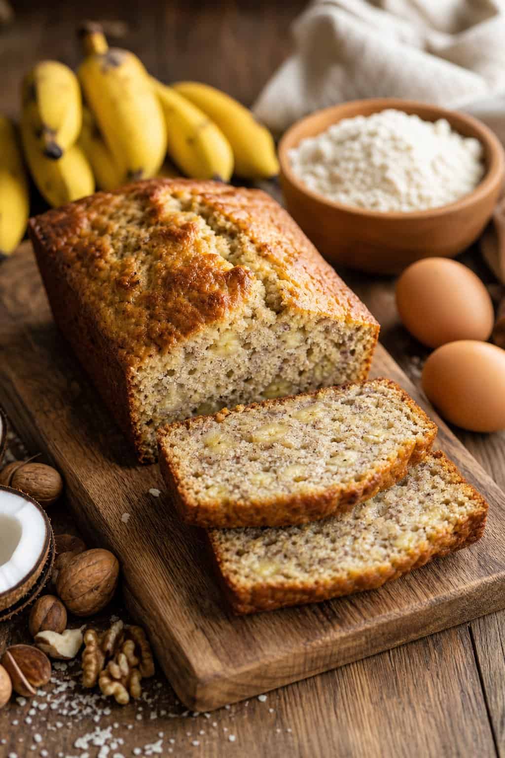 A sliced loaf of coconut flour banana bread on a wooden cutting board showing a dense golden crumb, with a few small overripe bananas and a scatter of walnut pieces arranged beside the board.