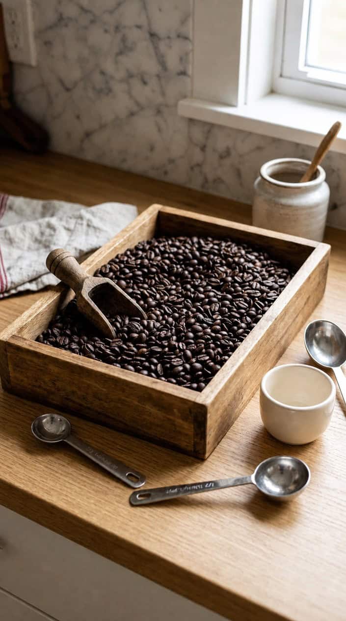 A sensory bin filled with dark coffee beans with small scoops on a kitchen countertop.