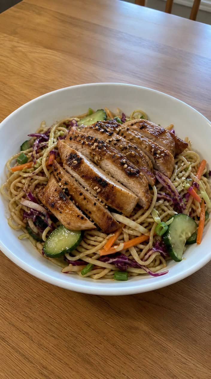 A wide bowl of cold ramen noodles tossed with shredded chicken, purple cabbage, shredded carrot, and sliced green onion, finished with a drizzle of sesame dressing and a generous sprinkle of sesame seeds.