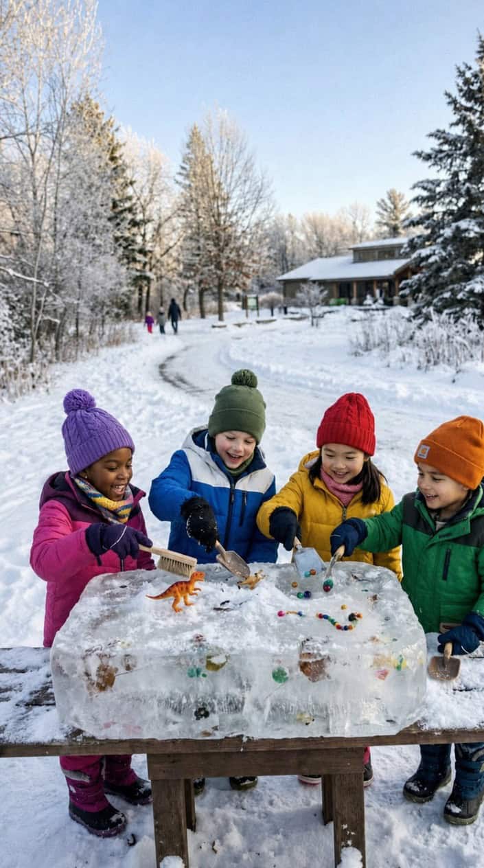 Children dressed in winter clothes excavating ice blocks outdoors, discovering hidden objects in the snow.