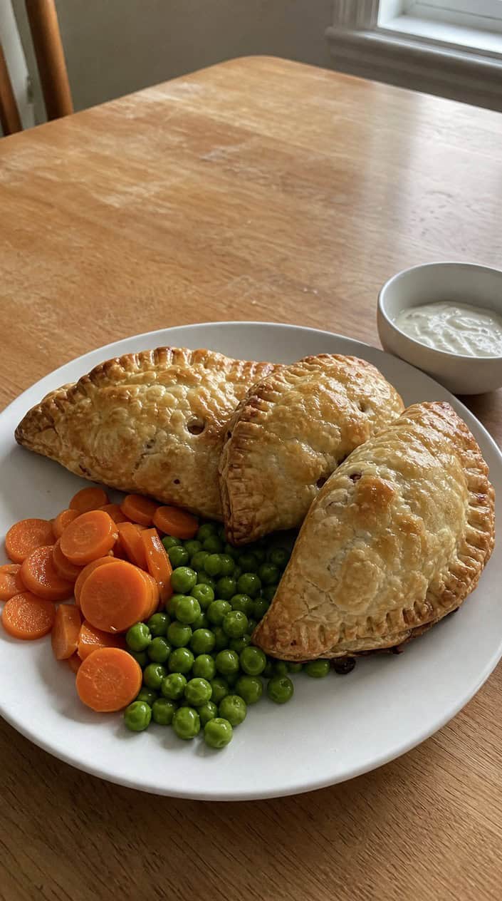 Golden chicken pot pie turnovers on a wooden board with fresh vegetables and sauce nearby on a kitchen table.