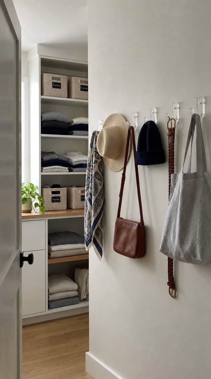 A tidy closet with clear medium hooks holding clothes and accessories, shelves with folded clothes in the background.
