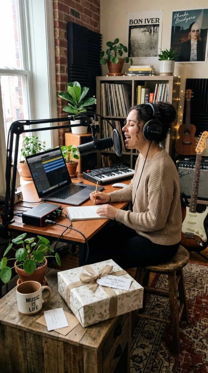 A young woman singing into a microphone in a cozy home studio with musical instruments and a wrapped birthday gift on a table nearby.