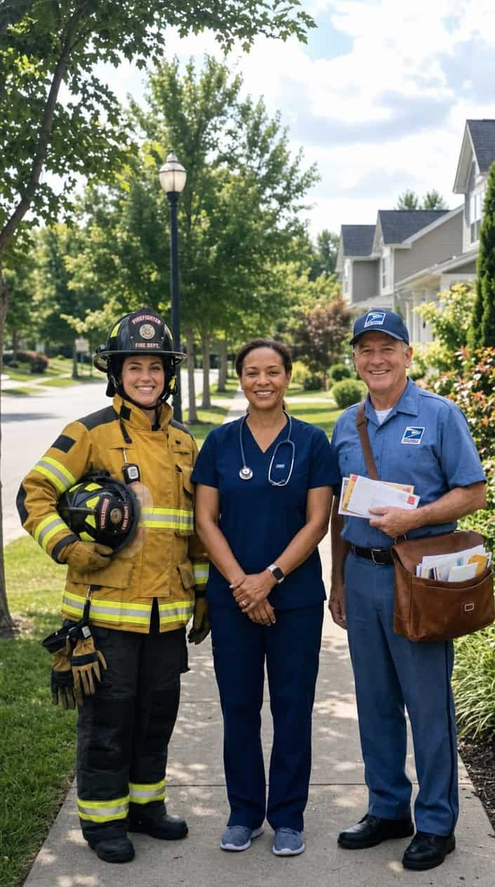 A firefighter, nurse, and mail carrier standing together outdoors, smiling and ready to help.