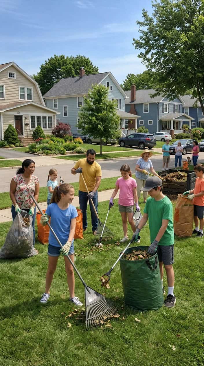 Adults and children working together in a neighbor's front yard on a sunny summer morning, filling black trash bags with leaves while rakes lean against a wooden fence.