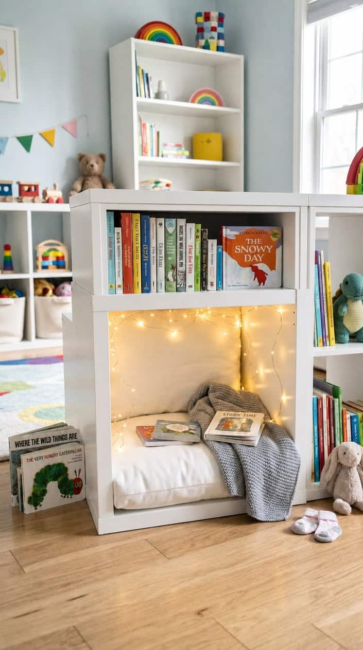 A cozy reading nook inside a cube shelf with a soft cushion and fairy lights in a children's room.