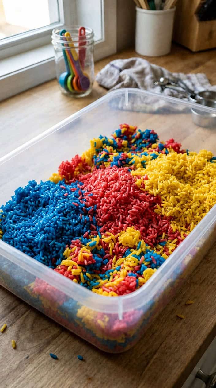 Close-up of cooked rice dyed with bright food coloring in a clear container on a kitchen countertop.