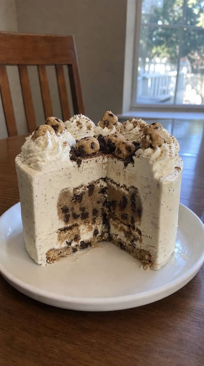 A sliced ice cream cake with a visible cookie dough center on a white plate.