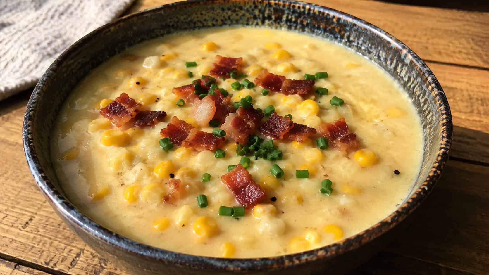 a finished bowl of creamy corn chowder topped with crisp bacon pieces and sliced chives, sweet corn kernels visible throughout, on a rustic table in warm natural light, casual home cooking