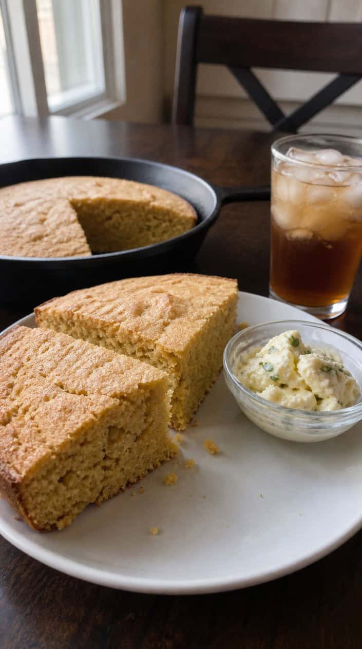 A plate of sliced cornbread with jalapeño butter on a wooden table outdoors with summer picnic items in the background.