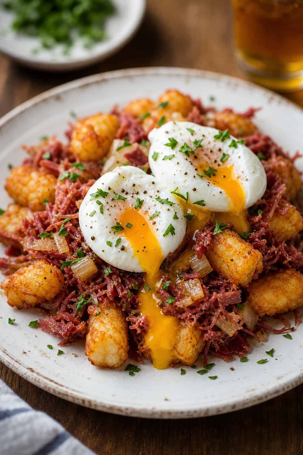 A plate of corned beef hash with crispy tater tots and poached eggs garnished with parsley on a wooden table.
