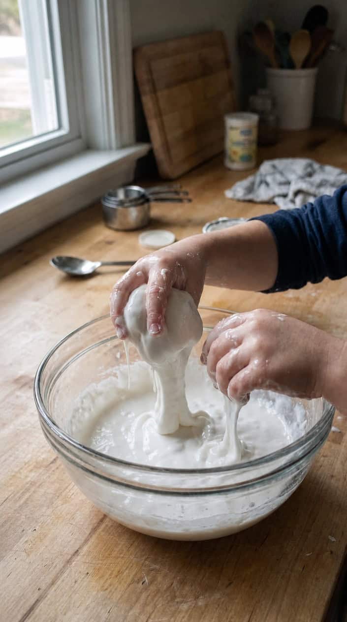 Child's hands squishing a white, gooey cornstarch and water mixture in a glass bowl on a kitchen counter.