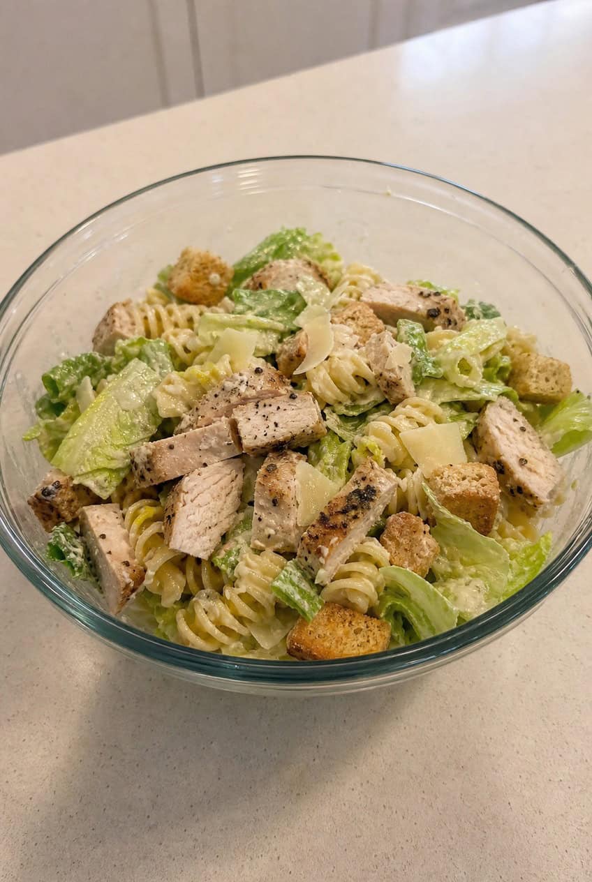 A generous bowl of Caesar pasta salad with chopped rotisserie chicken, rotini pasta, crisp romaine, shaved Parmesan, halved cherry tomatoes, and golden croutons on a wooden table.