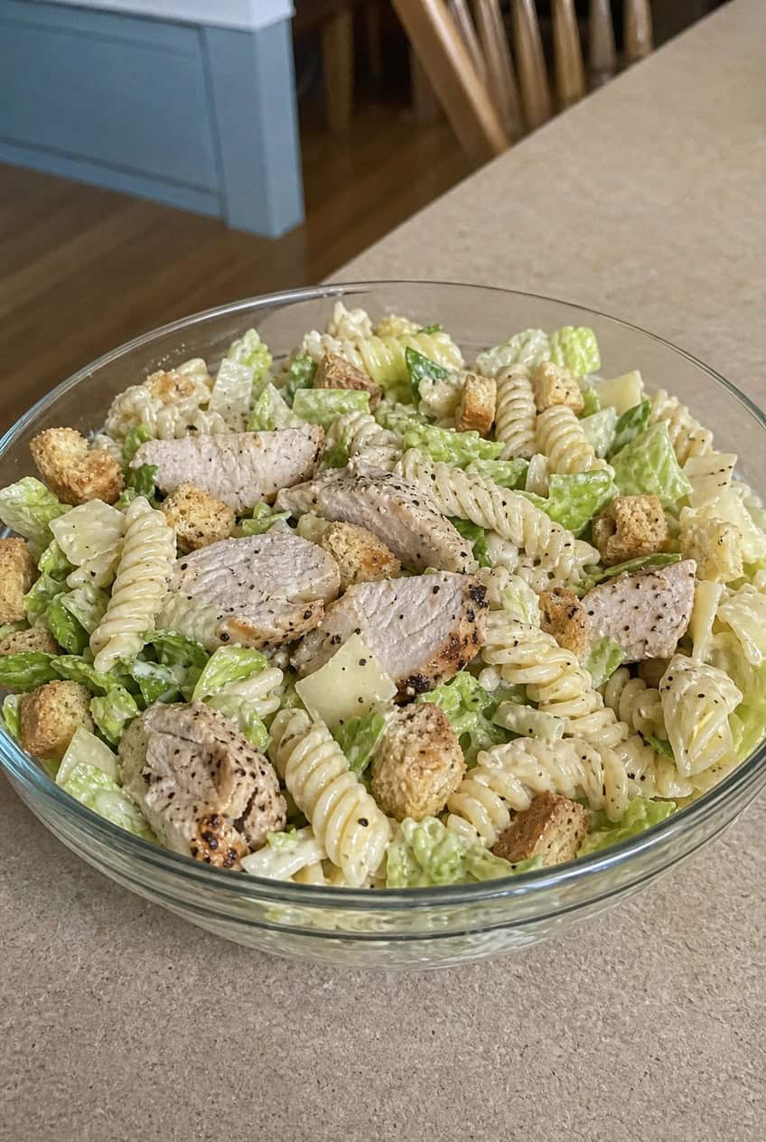 A generous bowl of Caesar pasta salad with chopped rotisserie chicken, rotini pasta, crisp romaine, shaved Parmesan, halved cherry tomatoes, and golden croutons on a wooden table.