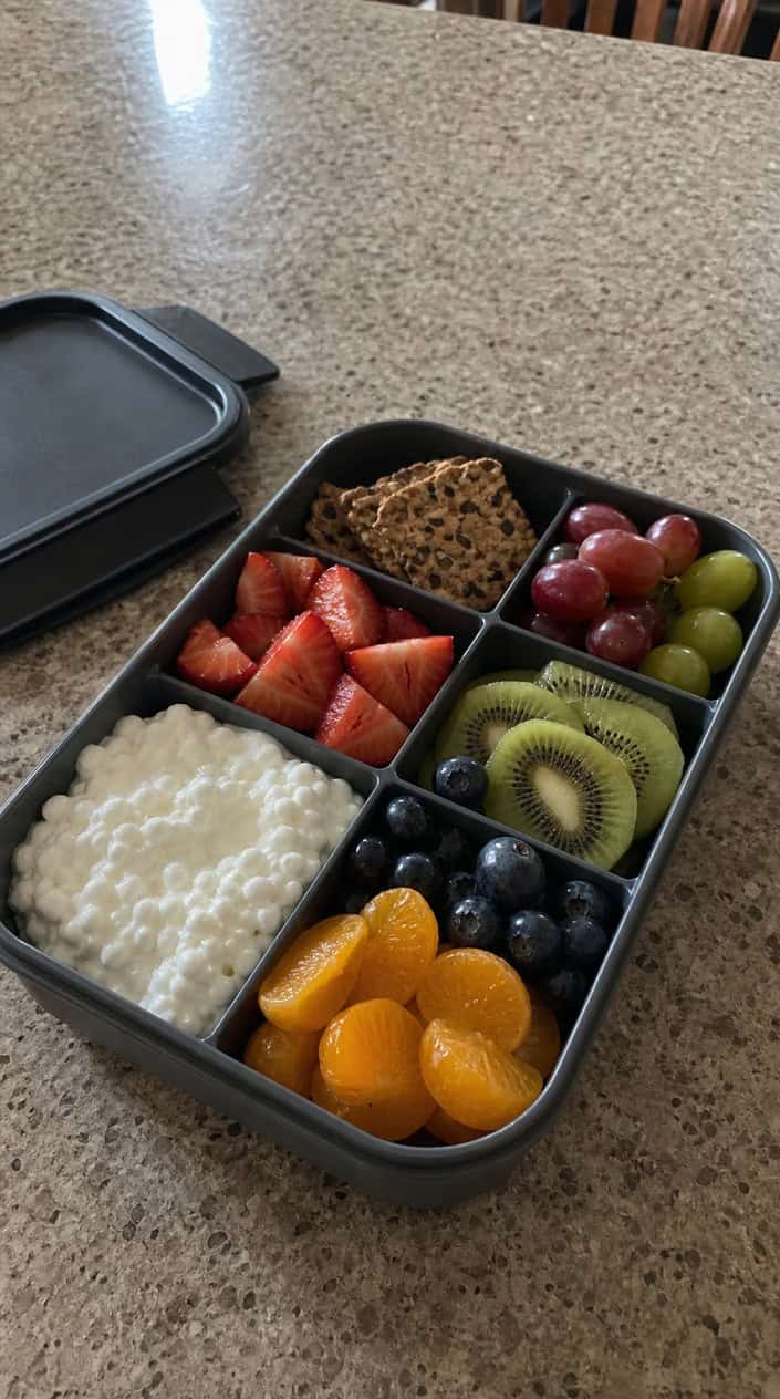 A rectangular bento box with one compartment holding a scoop of white cottage cheese drizzled with honey, and three separate compartments neatly filled with sliced strawberries, halved purple grapes, and scattered blueberries, on a pale wood surface.