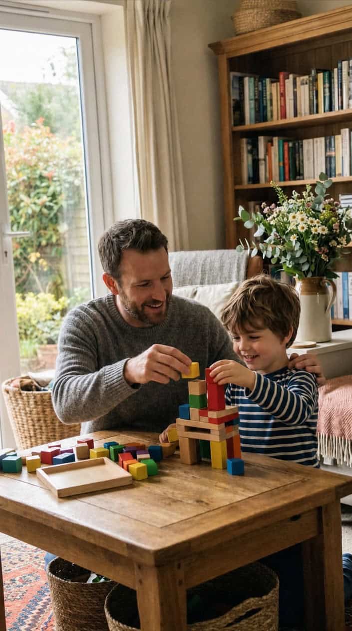A father and child sitting at a table, happily doing a creative activity together without any electronic devices.
