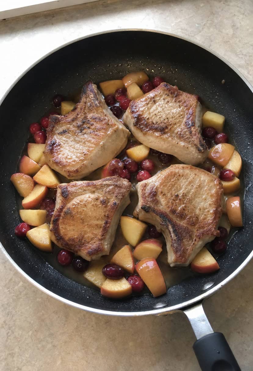A skillet sizzling with pork chops, cranberries, and apples cooking in a savory sauce, surrounded by fresh ingredients and kitchen utensils