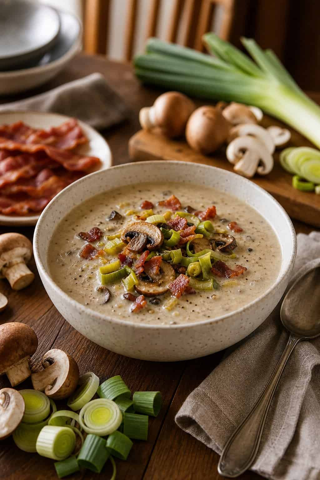 A bowl of creamy mushroom soup topped with bacon and leeks on a wooden table with fresh mushrooms and leeks nearby.