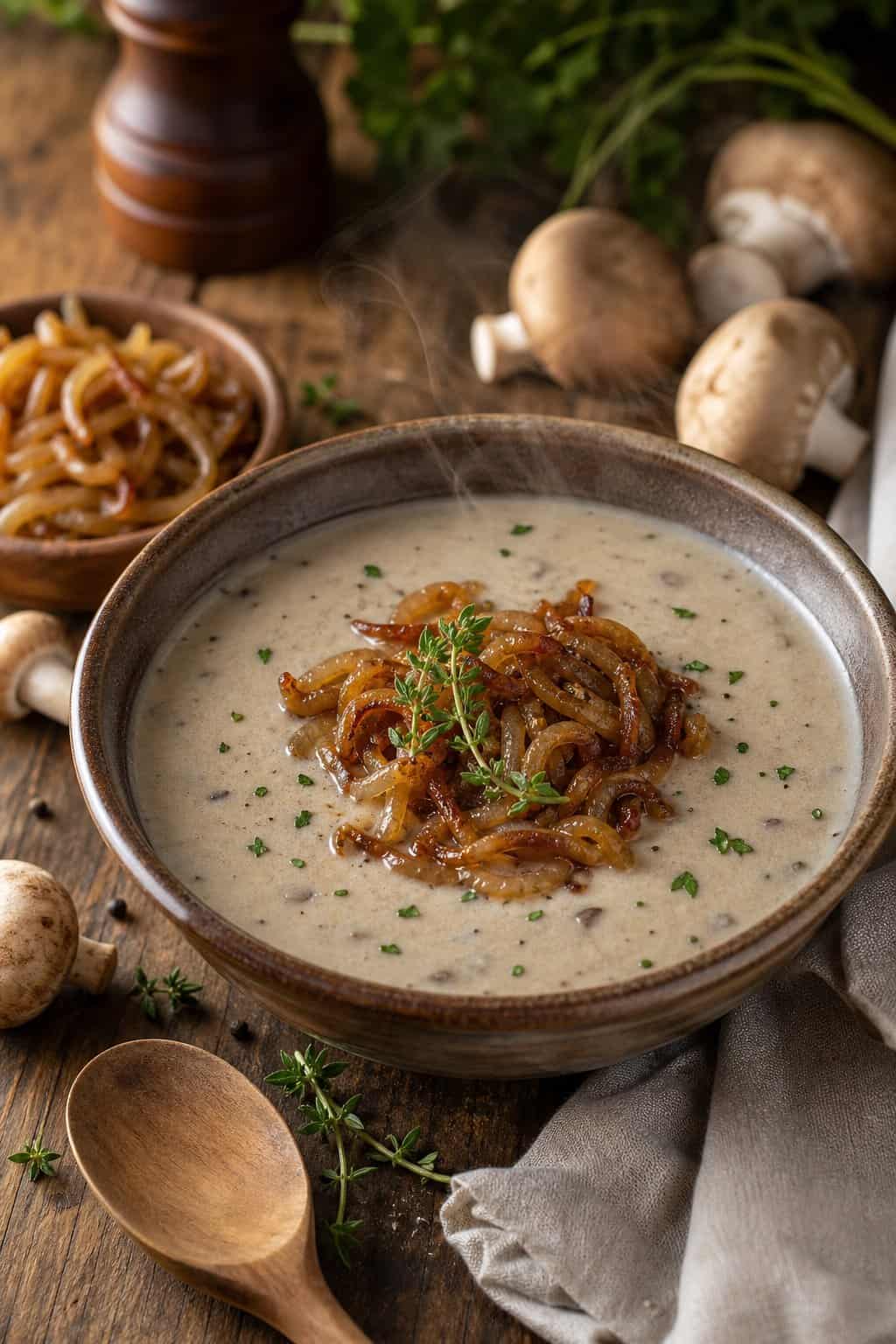 A bowl of cream of mushroom soup topped with caramelized onions on a wooden table with fresh mushrooms and a spoon nearby.