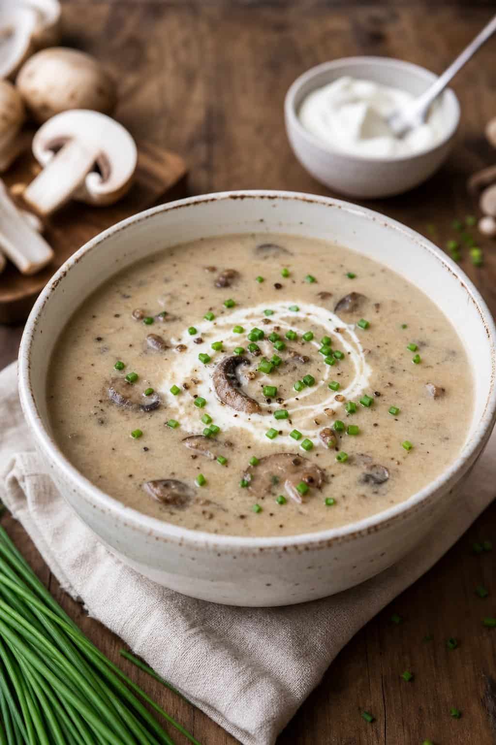A bowl of creamy mushroom soup topped with crème fraîche and chopped chives on a wooden table with fresh mushrooms and chives nearby.