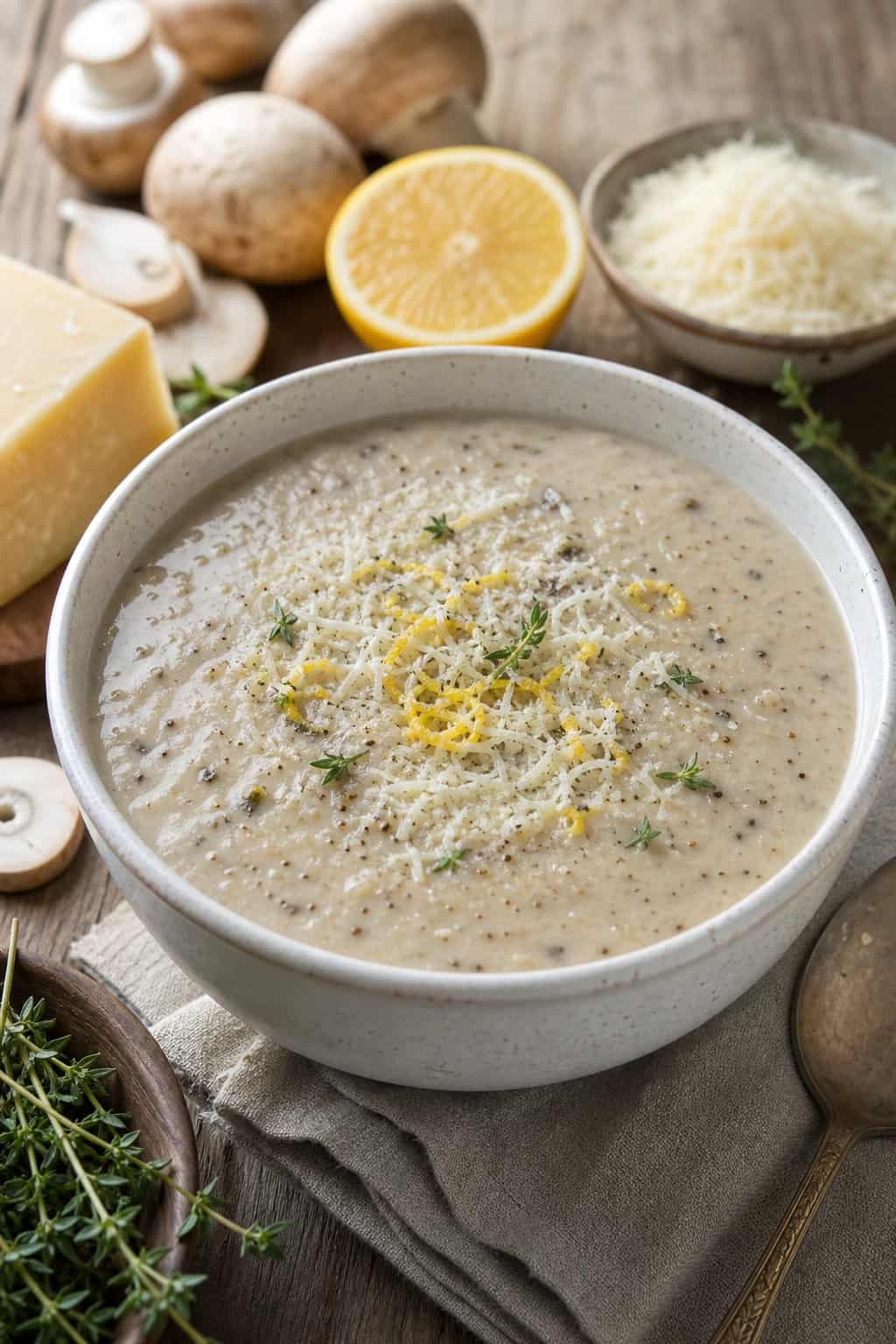 A bowl of cream of mushroom soup topped with Parmesan cheese and lemon zest on a wooden table with fresh mushrooms and lemon nearby.