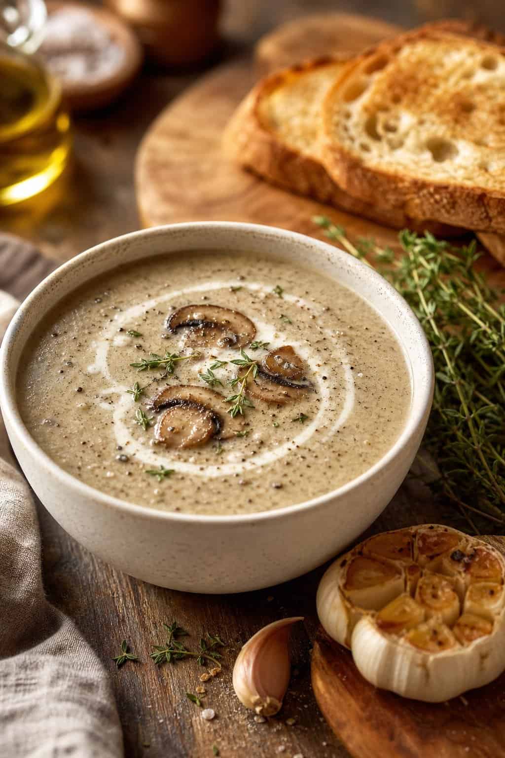 A bowl of creamy mushroom soup with roasted garlic and fresh thyme on a wooden table, accompanied by slices of toasted bread.