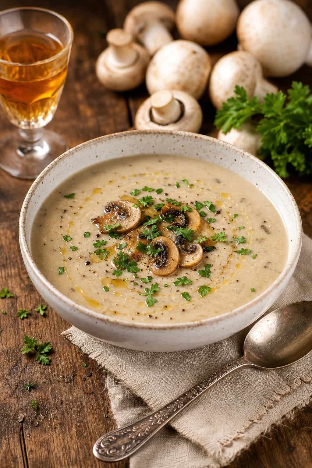 22 Cream of Mushroom Soup Recipes for Cozy Family Dinners 20 A bowl of cream of mushroom soup garnished with parsley, with mushrooms, a glass of sherry, and a spoon on a wooden table.