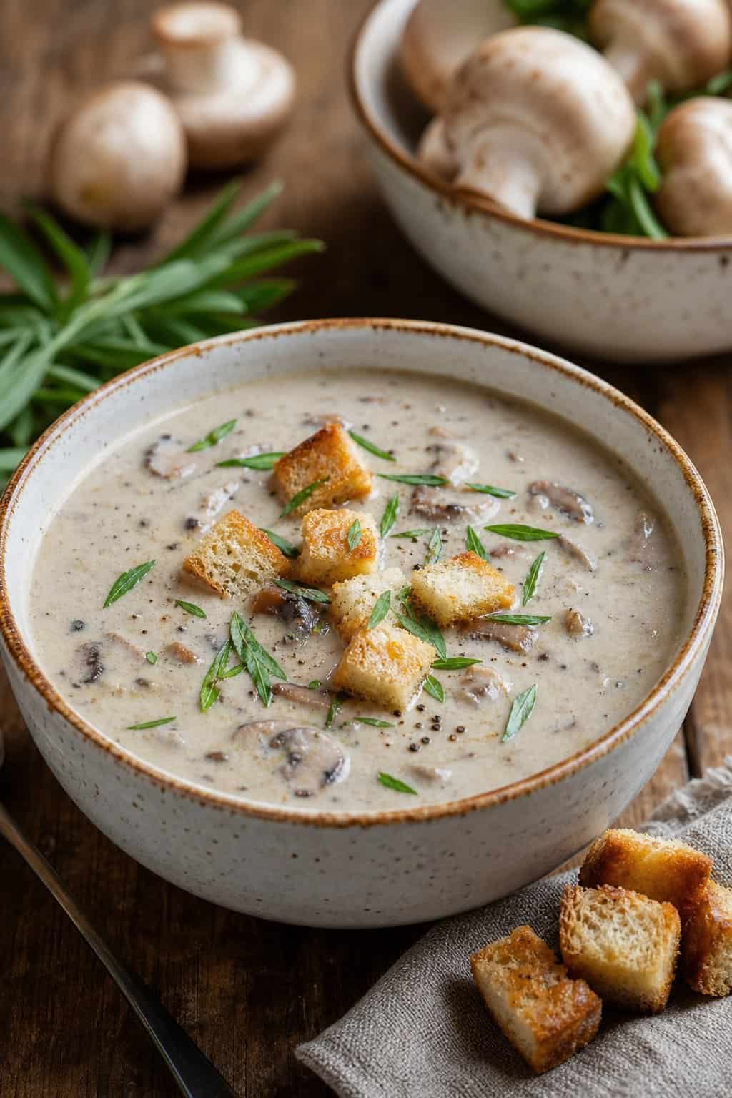 A bowl of cream of mushroom soup garnished with tarragon leaves and croutons on a wooden table with fresh mushrooms and herbs nearby.