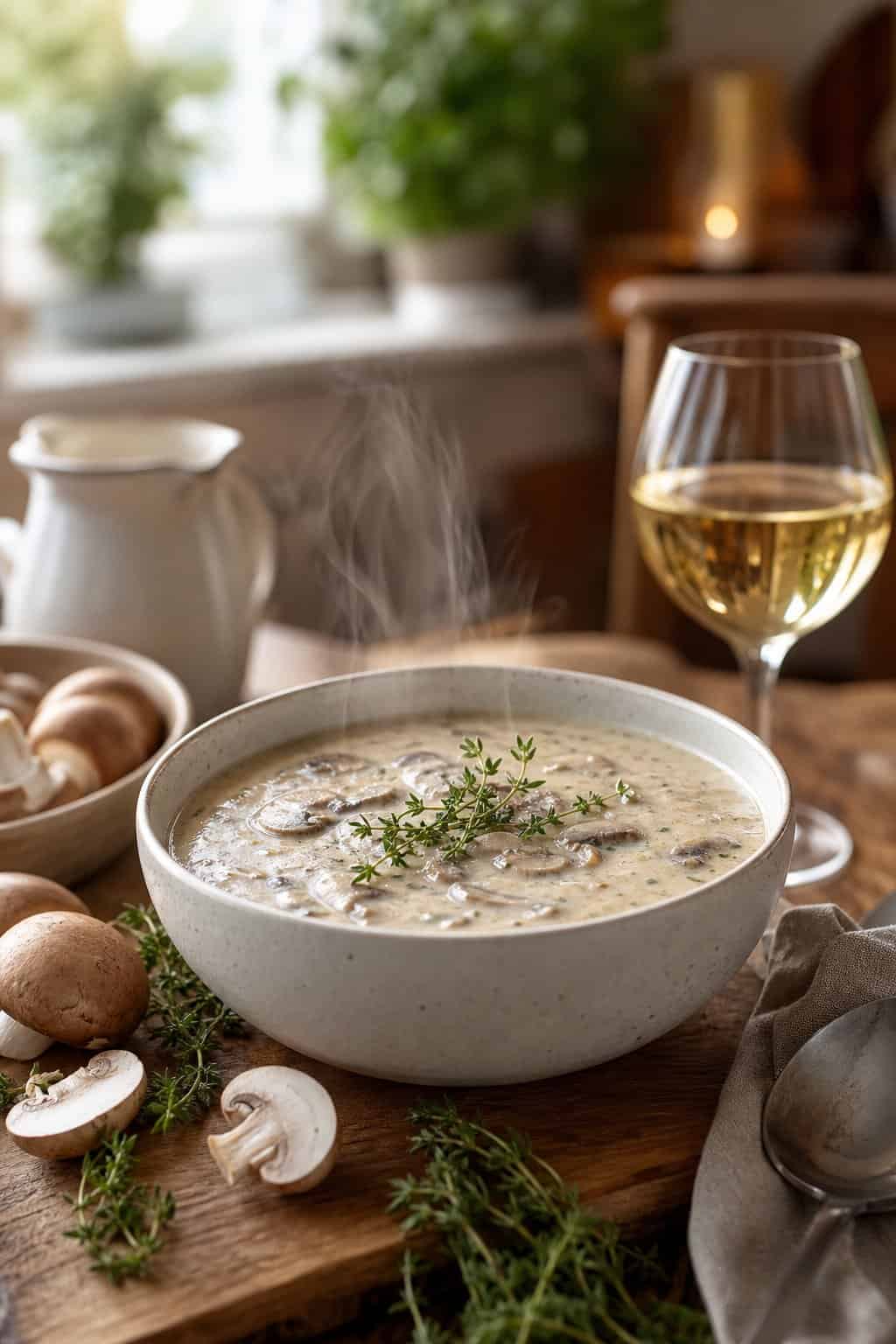 A bowl of creamy mushroom soup garnished with thyme on a wooden table with mushrooms, thyme, and a glass of white wine nearby.