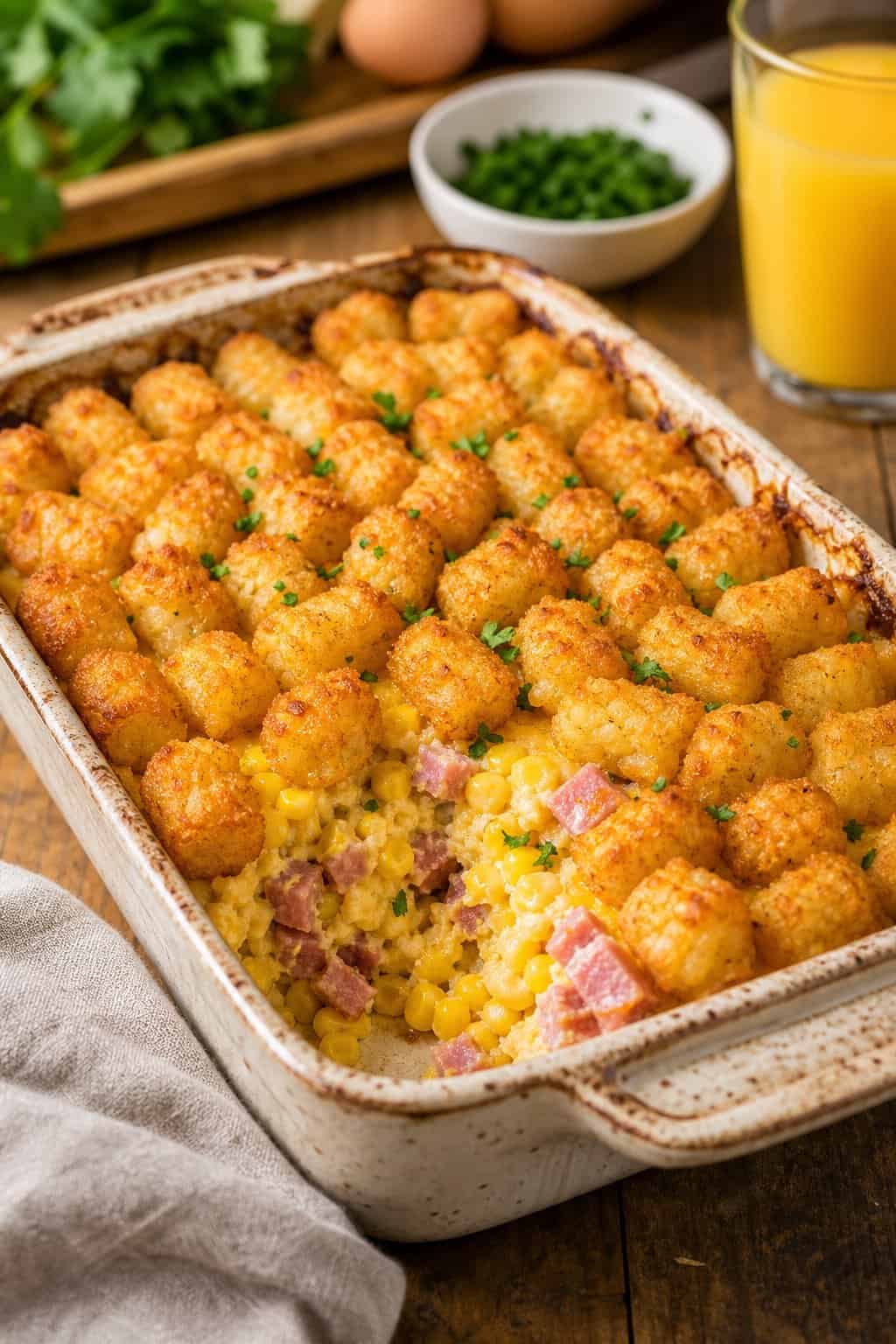 A freshly baked tater tot breakfast casserole with ham and creamed corn in a rustic baking dish on a wooden table.