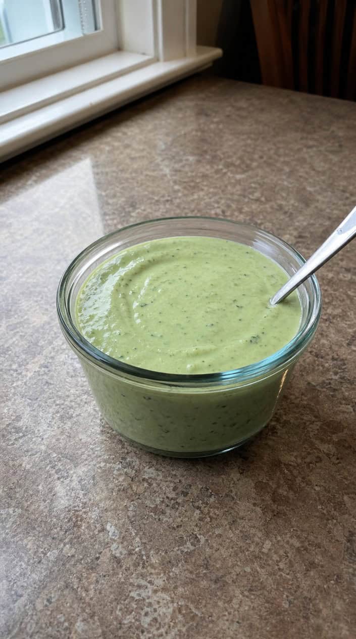 A small glass bowl of creamy avocado cilantro lime dressing surrounded by fresh avocados, cilantro, and lime halves on a wooden surface.