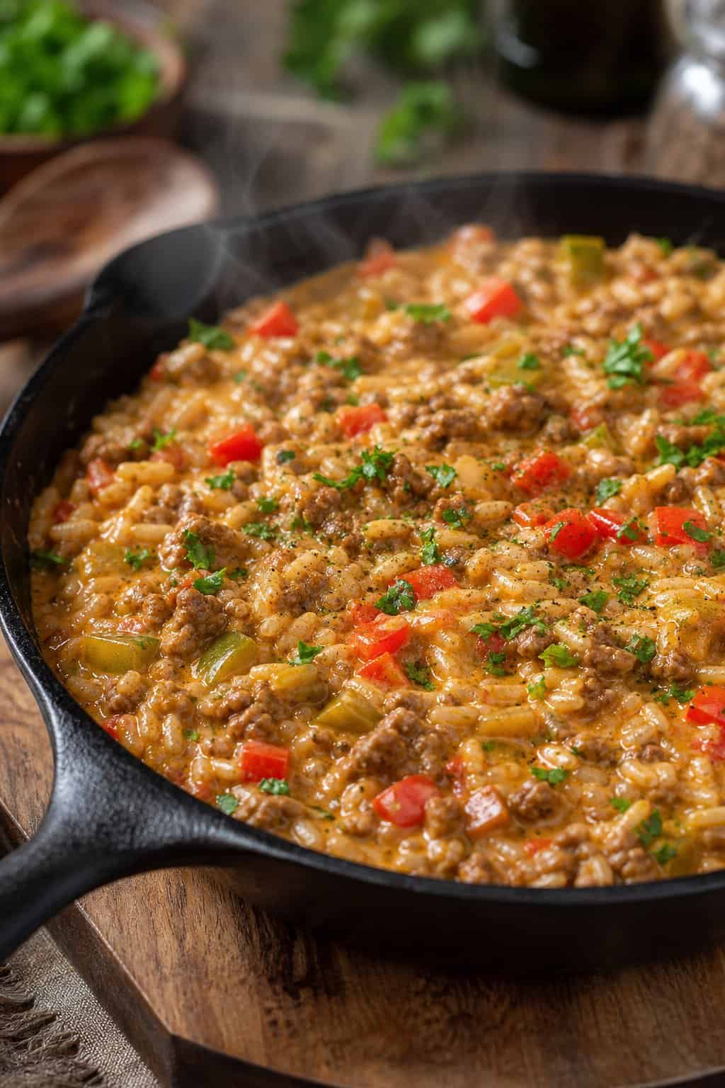 A skillet filled with creamy Cajun beef and rice garnished with chopped parsley on a wooden table.