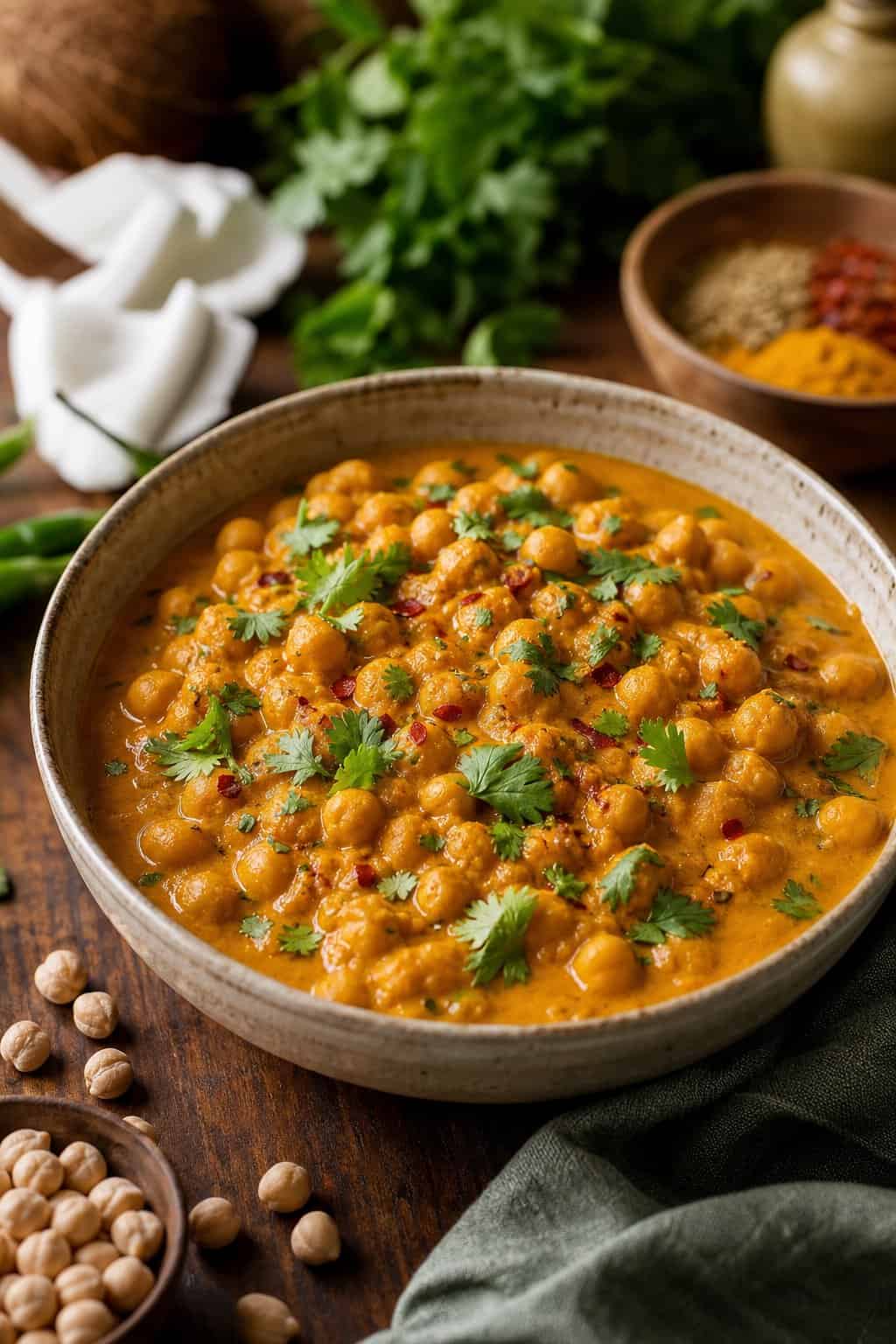 A bowl of creamy coconut curry chickpeas garnished with cilantro on a wooden table with ingredients around it.
