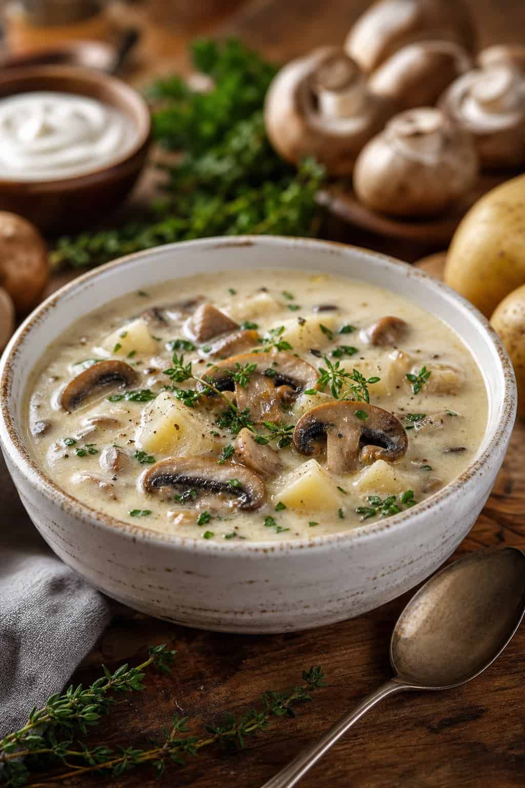 A bowl of creamy mushroom and potato chowder on a wooden table with fresh mushrooms, potatoes, and herbs nearby.