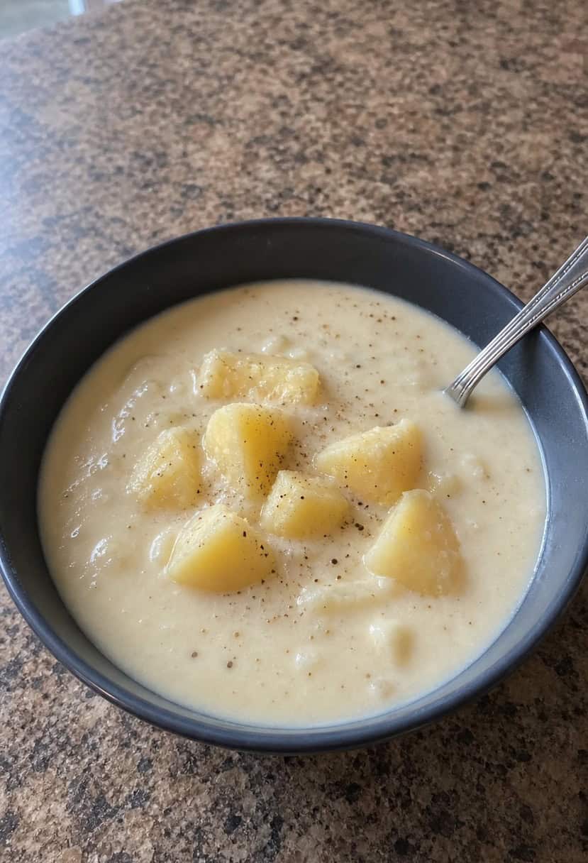 A steaming bowl of creamy potato soup surrounded by fresh potatoes, herbs, and a ladle