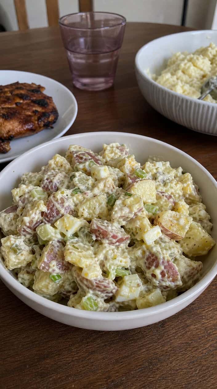 A bowl of creamy potato salad with diced pickles and herbs on a wooden table, with blurred BBQ dishes in the background.