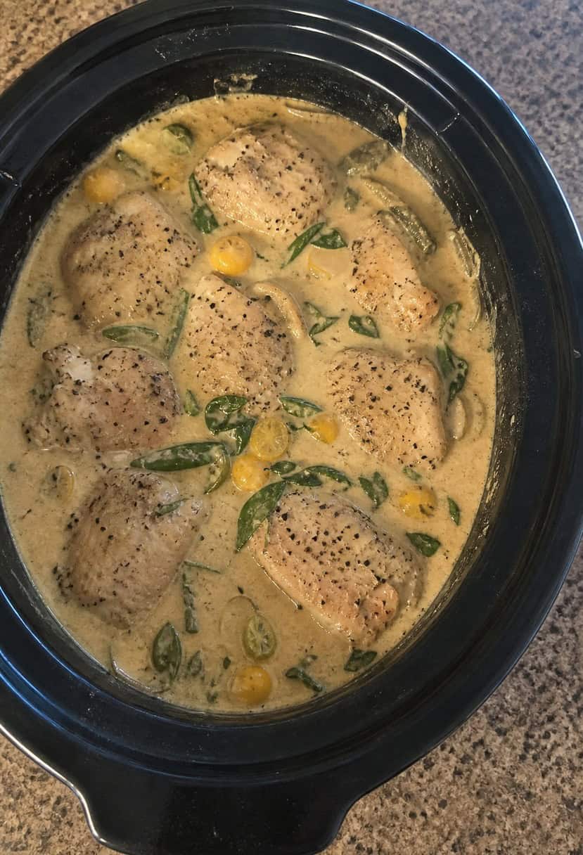A crockpot filled with creamy Tuscan chicken surrounded by fresh herbs and vegetables