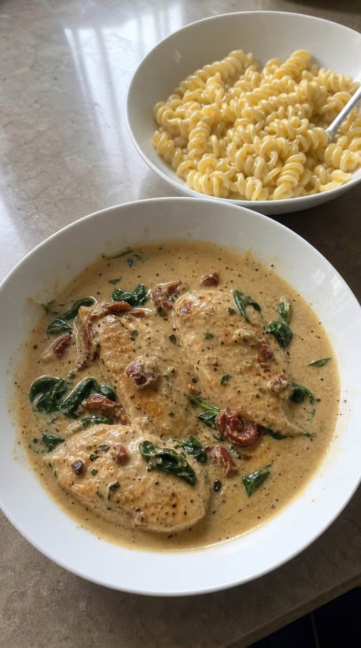A slow cooker filled with creamy Tuscan garlic chicken surrounded by fresh ingredients on a wooden countertop in a kitchen.