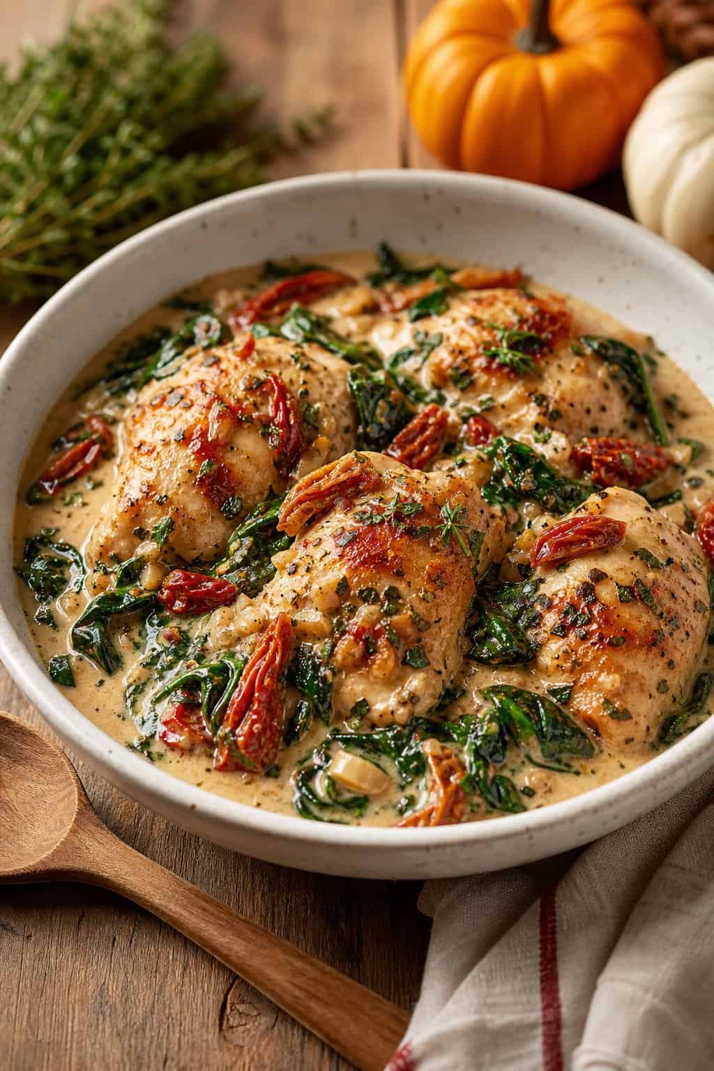 18 Crockpot Fall Recipes for Busy Weeknights 6 A bowl of creamy Tuscan garlic chicken with spinach and sun-dried tomatoes on a wooden table.