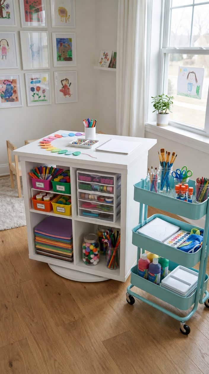 A children's craft station with a rotating Kallax shelf and an IKEA RÅSKOG rolling cart filled with colorful art supplies in a bright room.