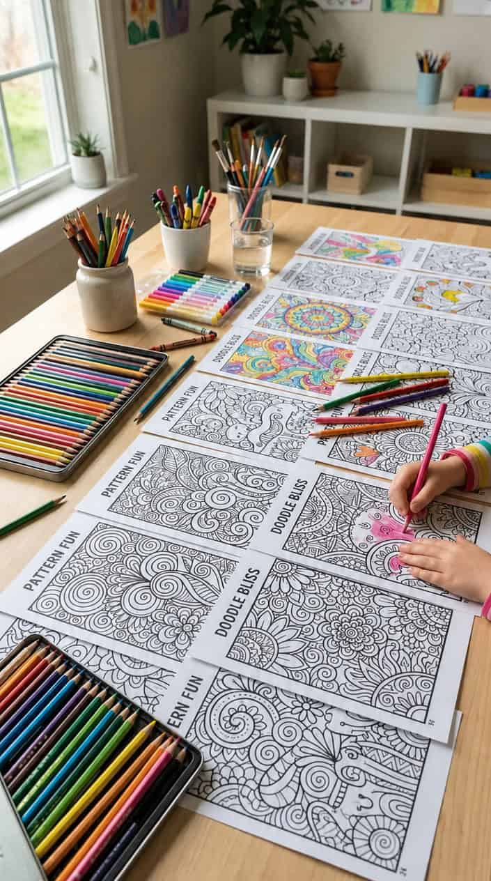 A collection of detailed coloring pages with creative patterns laid out alongside colorful pencils and markers on a clean surface.