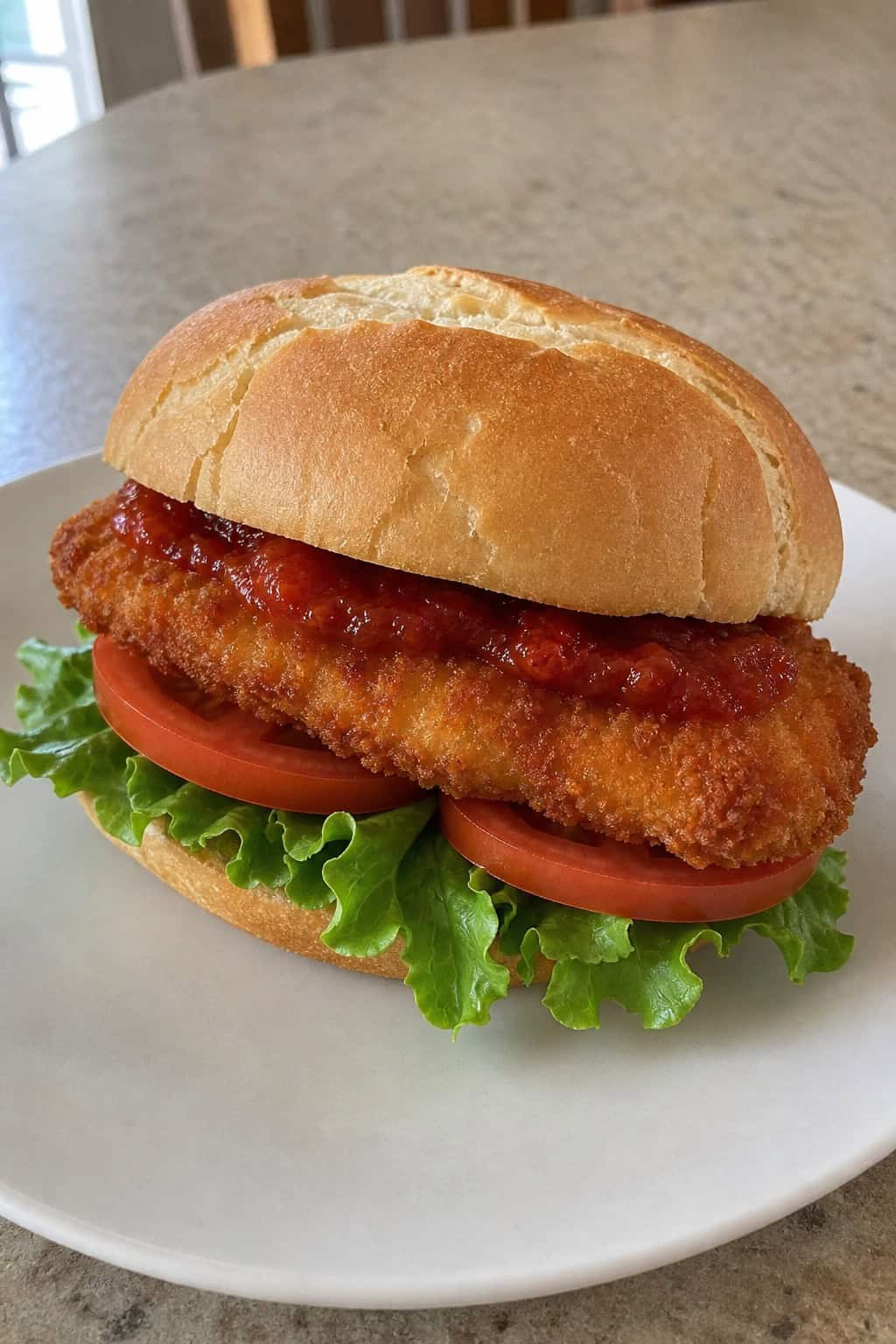 A crispy breaded chicken cutlet sandwich with chunky tomato jam, lettuce, and sliced tomato on a wooden board surrounded by fresh ingredients
